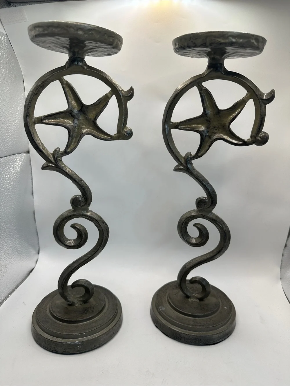 Metal Starfish Scroll Candle Holders - silver 13” tall